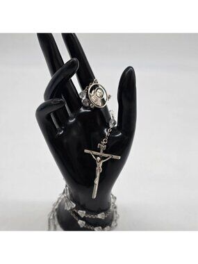 Sterling Silver Rosary Necklace With Crucifix Pendant & Glass Beads 24" Long